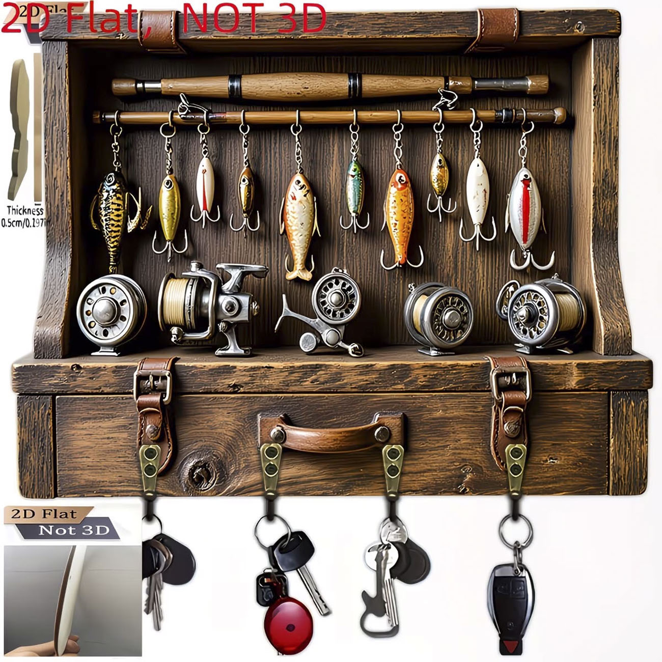 Fly Reel - Vintage Angelköder-Schlüsselhalter, 2D Flachdruck mit Ruten-